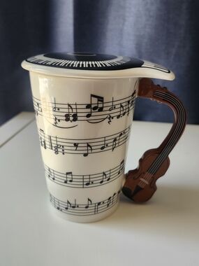 Violin Coffee Mug with Lid Music Theme Ceramic Tea Cup Novelty Gift for Musician